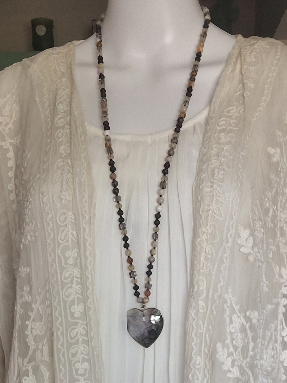 Lovely Mother of Pearl Heart Pendant Necklace Beaded - 37" NWOT